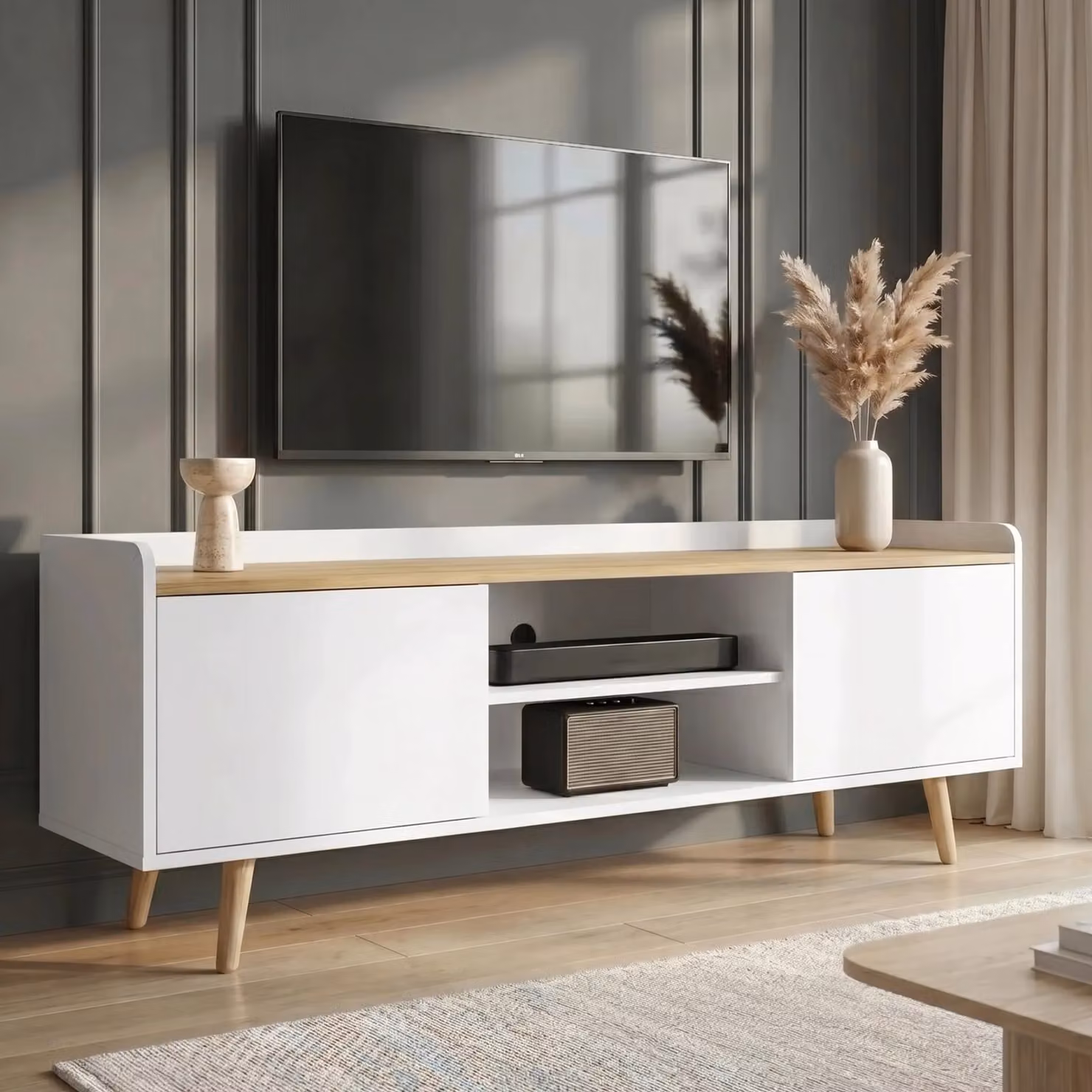 DHS Larvik White Scandinavian TV Unit with Oak Top and Shelves, W: 140 cm, D: 40 cm, suitable for TVs up to 55"