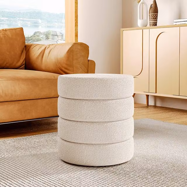 Livingandhome Cylindrical Bouclé Upholstered Round Footstool in White