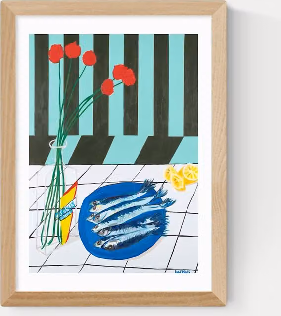 East End Prints Striped Sardines Modern Rectangular Framed Wall Art Illustration in Beige and Multicolour