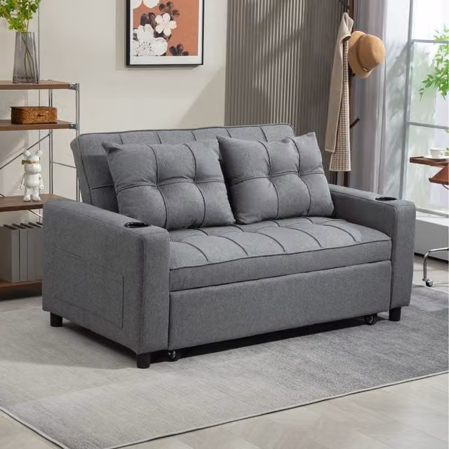 HOMCOM 2 Seater Click-Clack Pull Out Sofa Bed with 2 Cup Holders, Grey Fabric