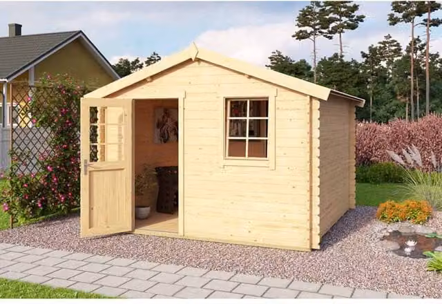 Lasita Maja Ltd Wels 3 Log Cabin Garden Room and Home Office in Light Oak, W: 339.8 cm, D: 320 cm, H: 245.1 cm – 1