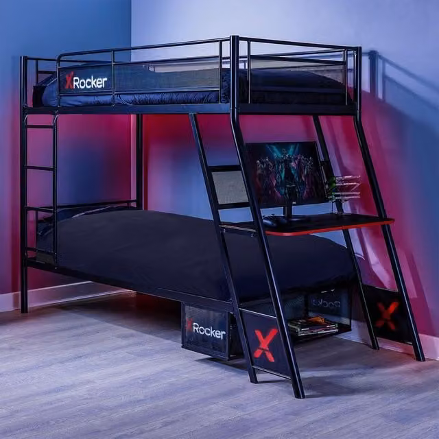 X Rocker Armada Bunk Bed with Gaming Desk and Side Compartment Storage in Black, W/D/H: 190 x 90 x 163 cm