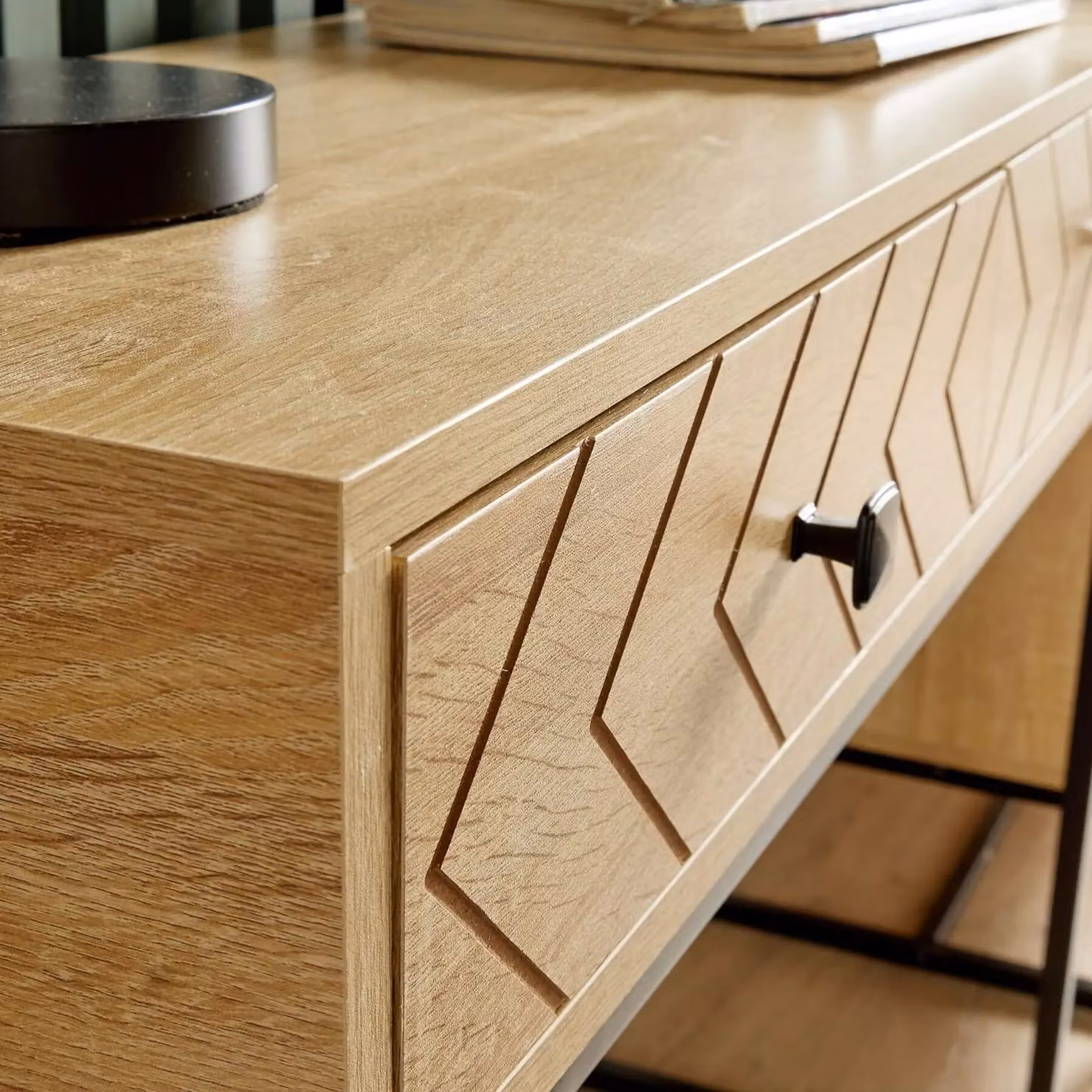 Home Source Aztec Design Console Table with 2 Drawers in Light Oak Effect and Black Metal Legs – 3