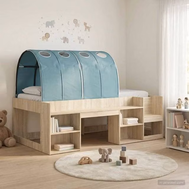 Berkfield Home 3-Piece Childrens Bed Frame with Tunnel in Sonoma Oak and Light Blue – 1
