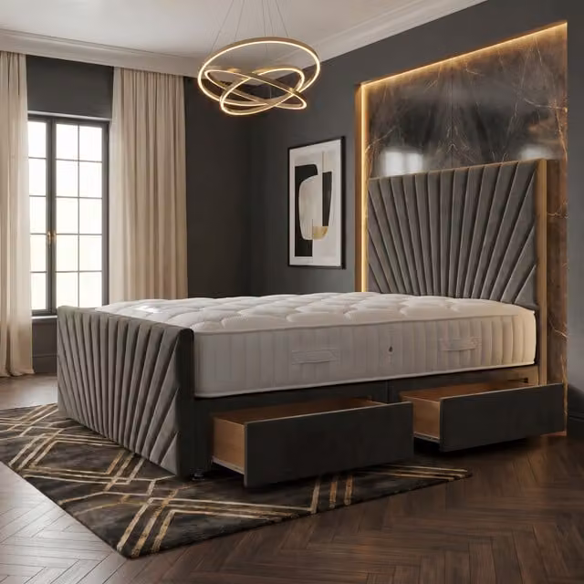 Somnior Beds Ltd Sunrise Grey Velvet Upholstered Divan Bed with Hybrid Mattress and Drawers W/D/H: 140 x 200 x 34.5 cm