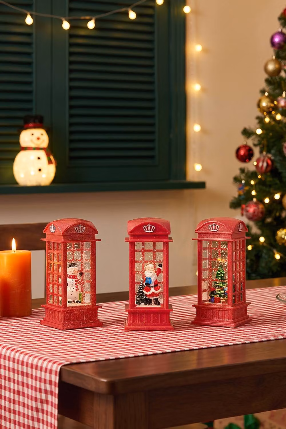 Living and Home 3-Pack Red Vintage Christmas Telephone Box Snow Globe Lanterns – 2
