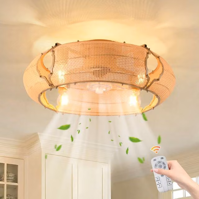 Garwarm Boho Rattan Farmhouse Caged Reversible Ceiling Fan with Light, Multicolour/Beige, Diameter: 53 cm