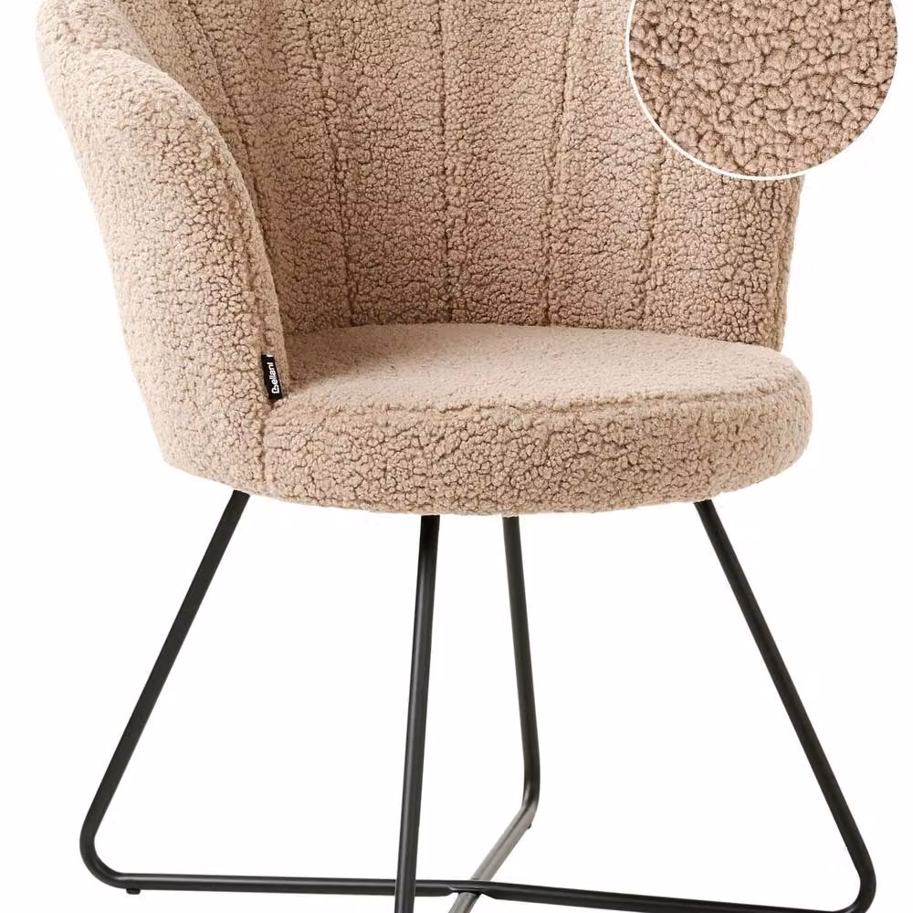 Wyld and Coco Beige Bouclé Armless Shell-Back Chair with Black Metal Frame – 2
