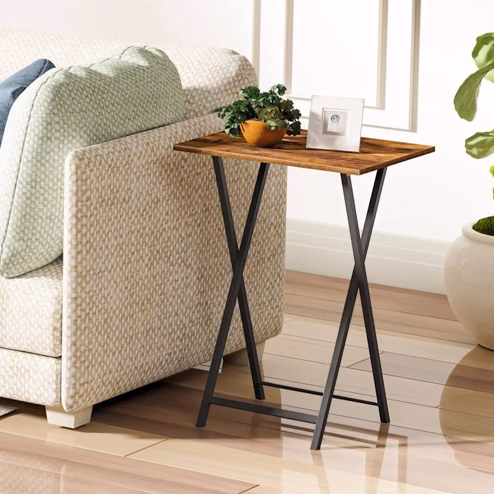 EONLION Set of 2 Folding Side Tables in Brown and Black with Metal X-Frame – 3