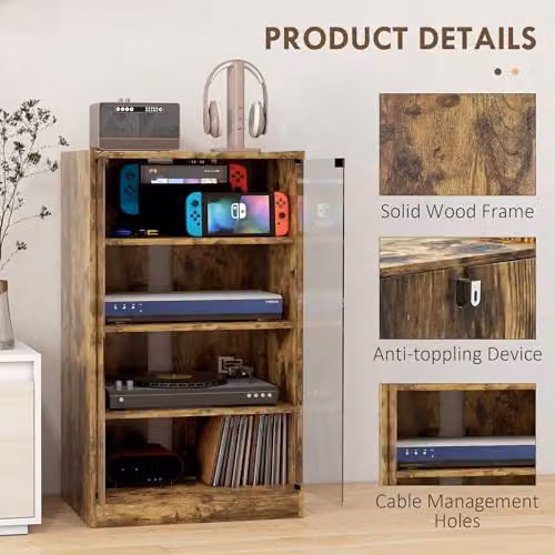 HOMCOM 4-Tier Hi-Fi Record Player Stand with Glass Doors and Internal Shelves, Rustic Brown – 4