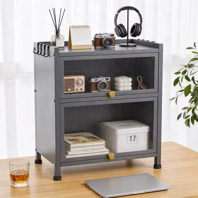 KORVIXA 3 Tier Spice Rack with Doors Countertop Condiment Storage Cabinet, Grey, W: 100 cm, D: 60 cm, H: 100 cm – 1