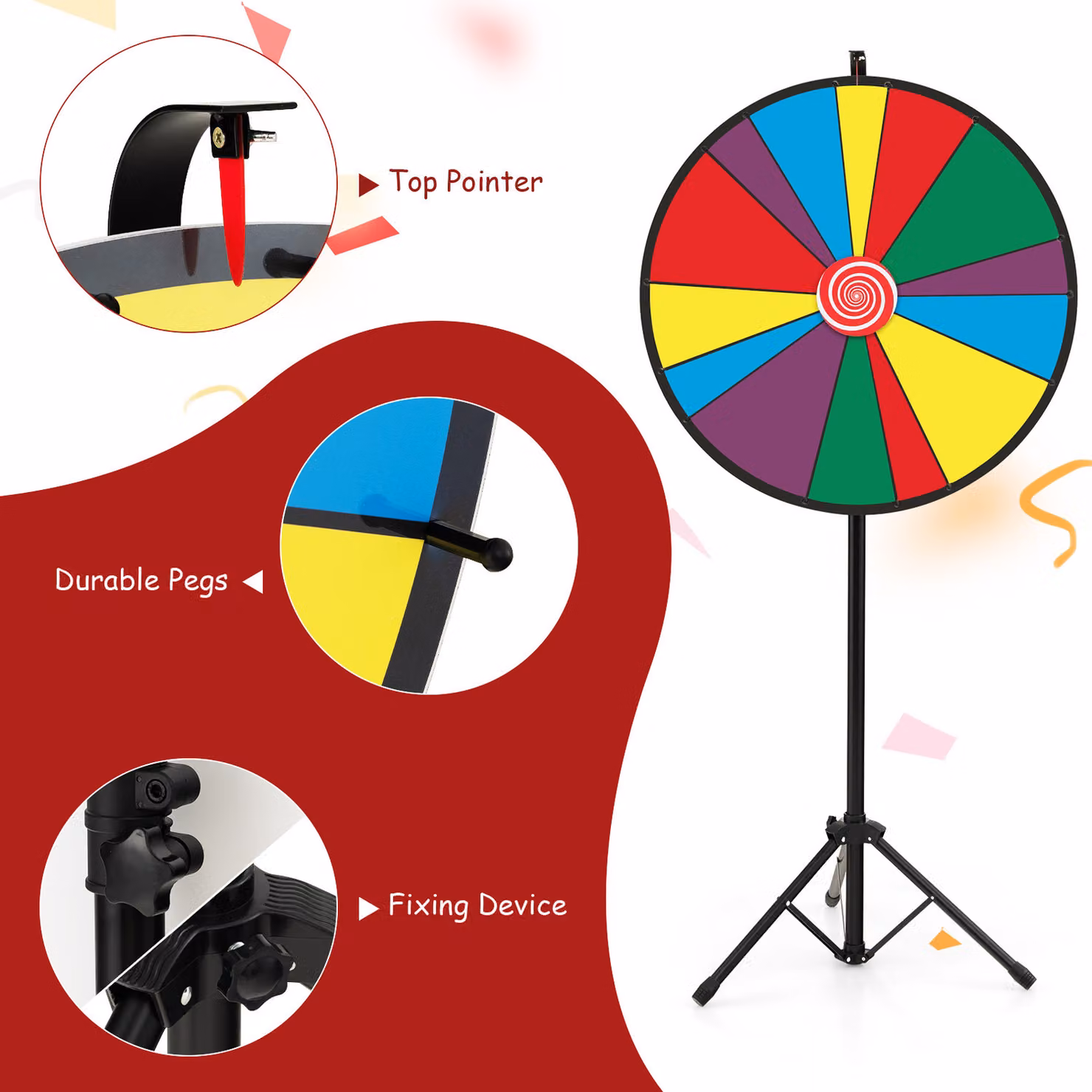 Costway Height-Adjustable Prize Wheel in Black and Multicolour, Height: 76 cm – 2