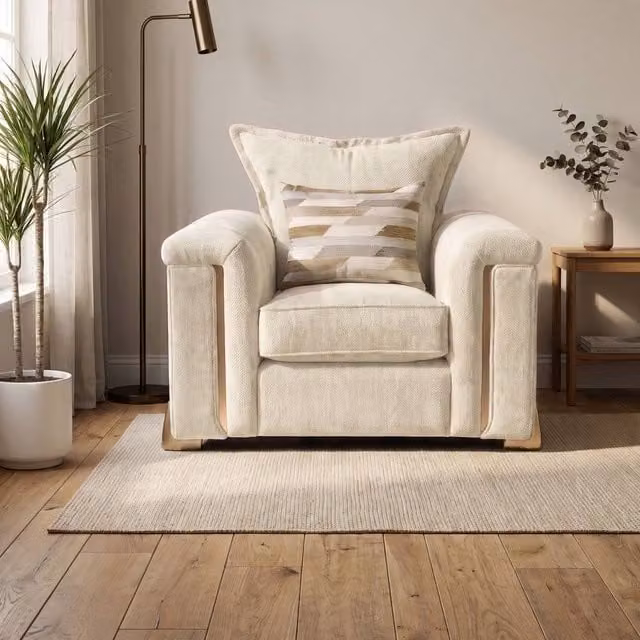 Somnior Deco Arch Armchair in Cream Sherpa Columbus Fabric with Metal Frame