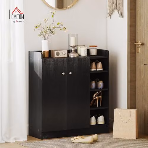HOMCOM Black Shoe Storage Cabinet with Hinged Doors and Adjustable Internal Shelves – 2