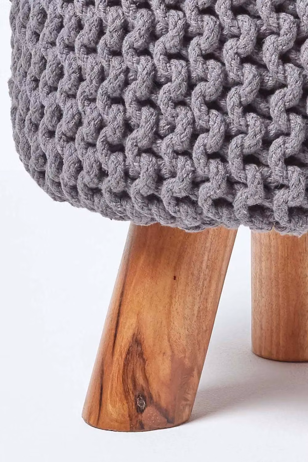 Homescapes Tall Grey Cotton Knitted Footstool with Wood Frame – 3