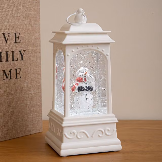 Samuel Alexander White and Silver Snowman Christmas Water Spinner Lantern with White LED, H 21 cm