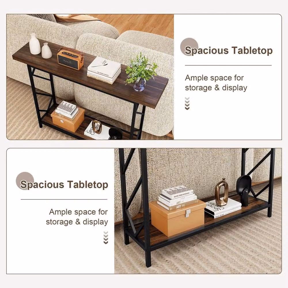 FORGEVIO 2-Tier Industrial Entryway Table with Open Storage Shelf in Brown – 5