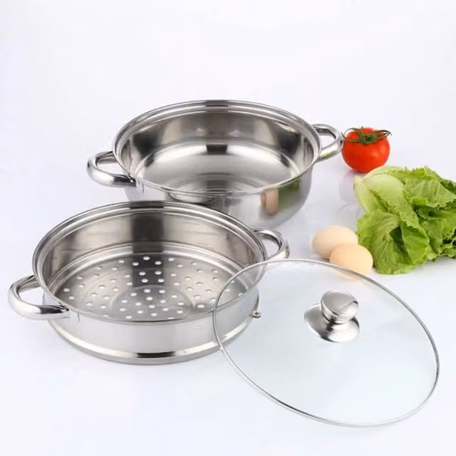 VOGREX 3-Tier Stainless Steel Steamer Cooker Pot Set with Glass Lid in Silver – 1