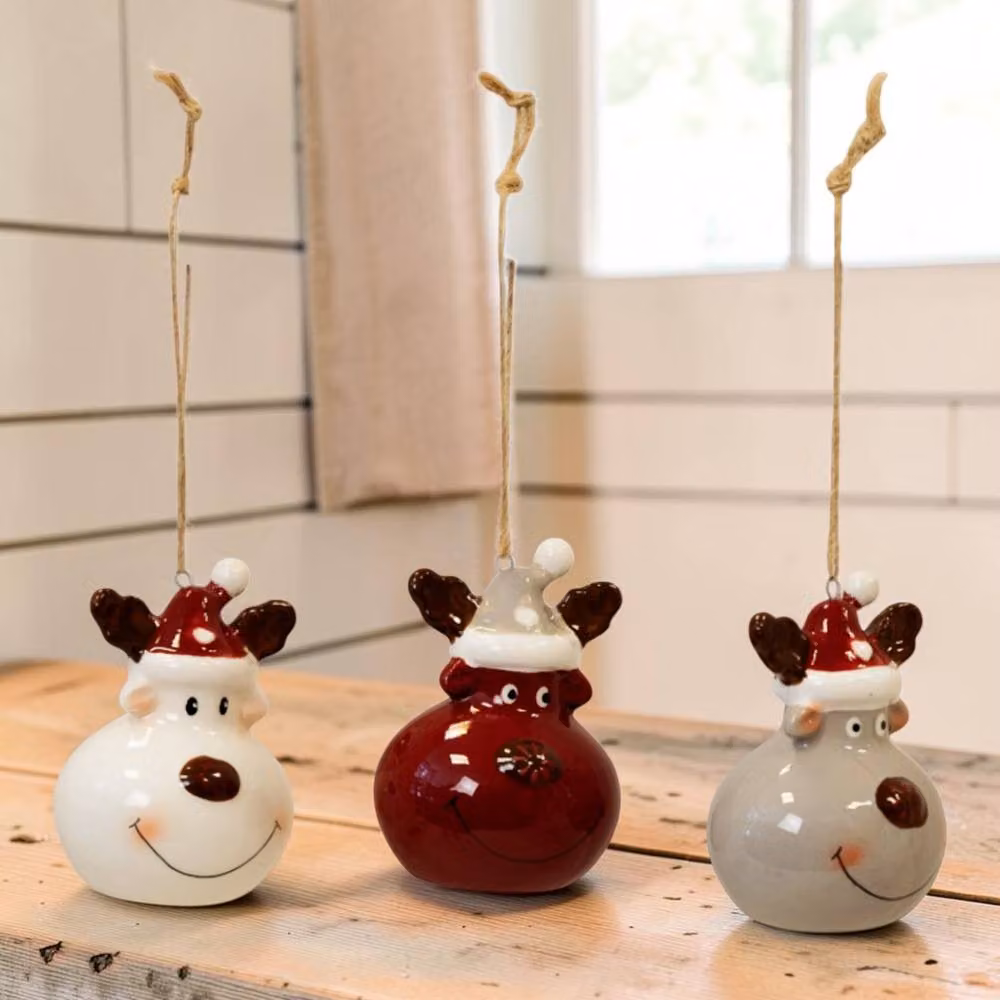 Four Candle Set of 3 Ceramic Reindeer Christmas Bauble Figures in Cream, Red, Grey and Multicolour – 2