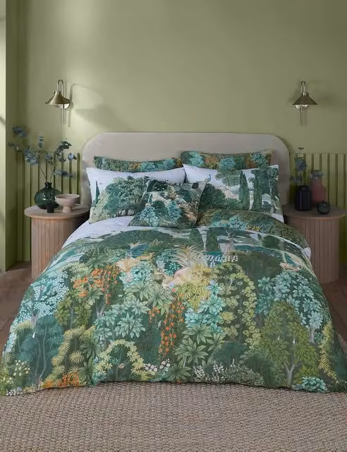 Graham & Brown New Eden Reversible Floral Art Nouveau Pure Cotton Bedding Set, Green, W: 180 cm x L: 200 cm