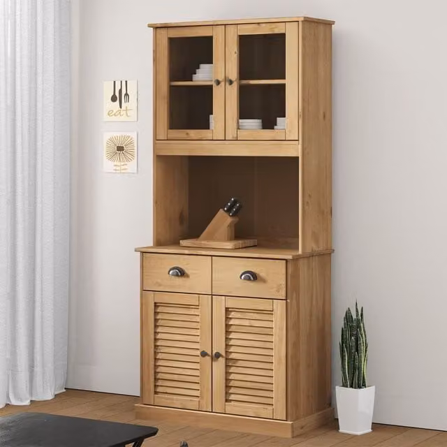 Berkfield Home VIGO Highboard in Brown Solid Pine Wood with Glass Doors, W/D/H: 78 x 40 x 175 cm