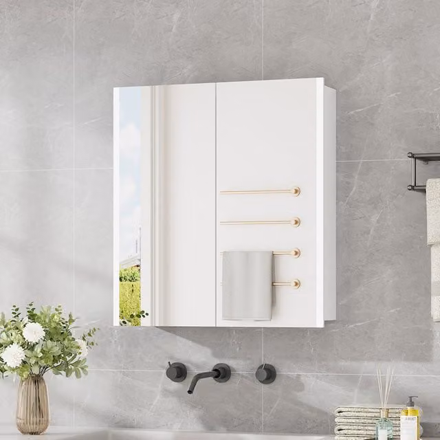 Lifeideas Modern White Wall Mounted LED Mirror Cabinet with Defogger, Shaver Socket and Internal Shelves