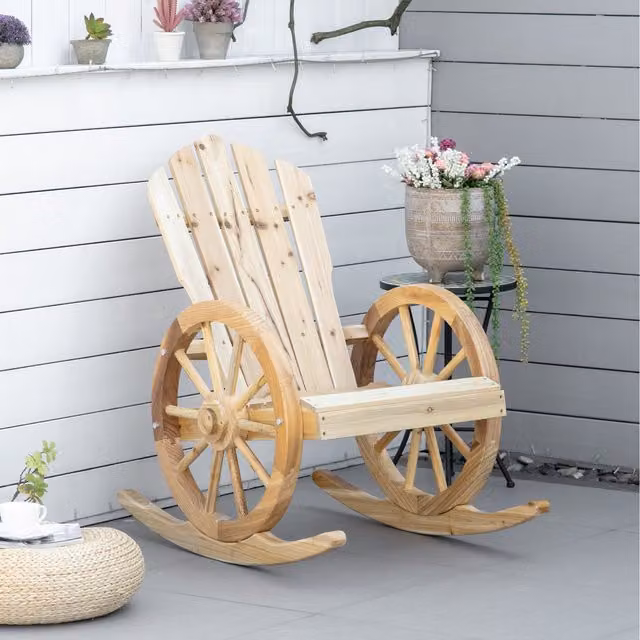 Outsunny Wooden Adirondack Rocking Chair in Natural Brown and Beige
