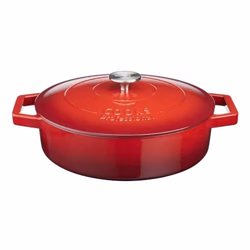 Cooks Professional Enamelled Cast Iron 28cm Shallow Casserole Dish with Lid and Handles, 4.3l, Red – 1