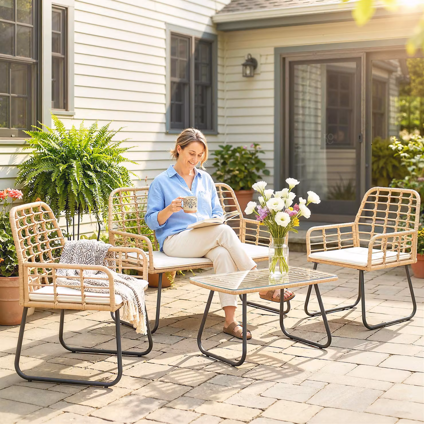 Outsunny 4 Piece Rattan Garden Furniture Set with Beige Upholstered Cushions, 2 Seater Sofa, Armchairs and Coffee Table – 2