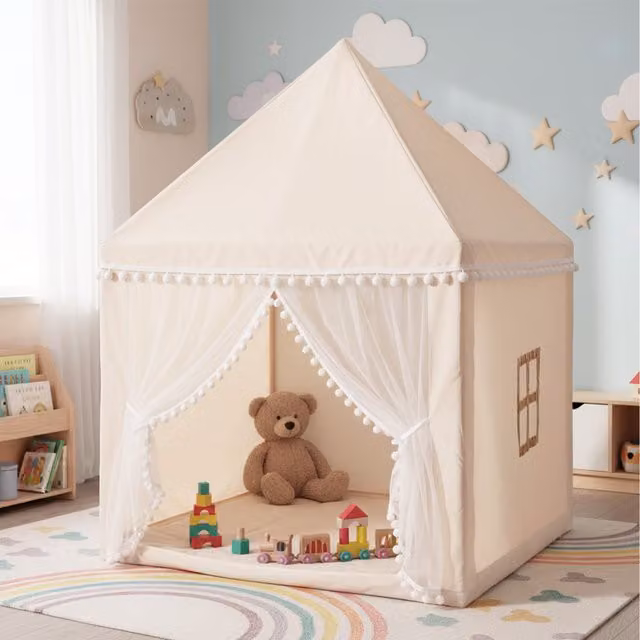 Costway Kids Play Tent in Beige and White with Wood and Washable Textile