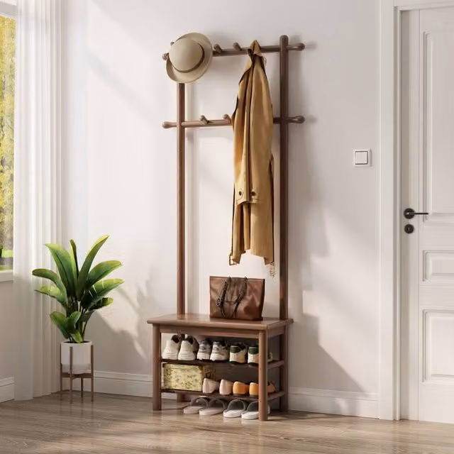 YQJJGL Walnut Coat Rack with 2-Tier Shelves and Hall Tree Bench, Brown, W: 60 cm, H: 170 cm