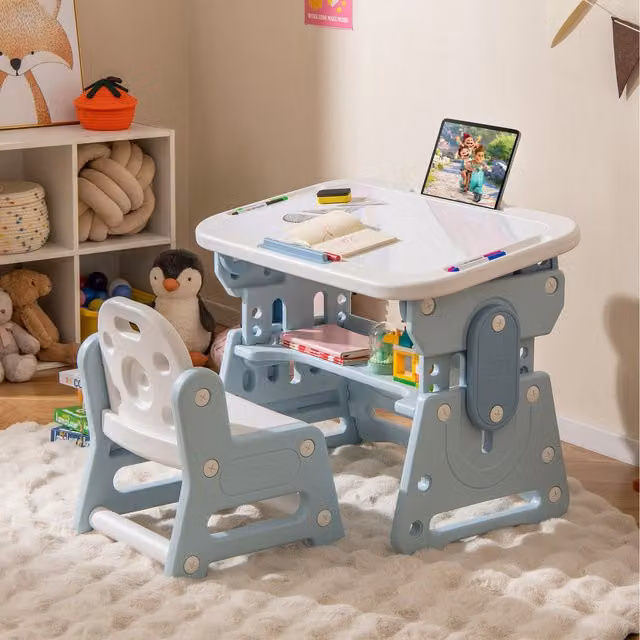 Costway Blue Plastic Toddler Drawing Table and Chair Set