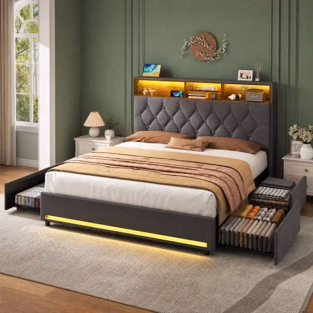 STILVORA Modern Grey Fabric Double Bed Frame with Under-Bed LED Lighting, USB Charging Port and Storage Drawers, 140 x 200 cm – 1