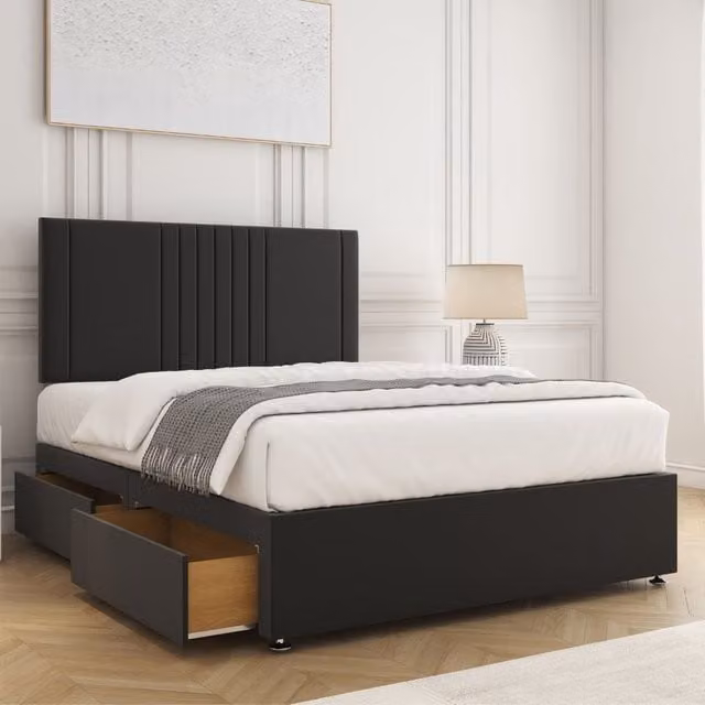 BSSPOKE Monaco Velvet Divan Bed Set with 24 inch Headboard, 2 Drawers on Same Side and Mattress, Black, Small Double, W/D/H: 120 x 200 cm