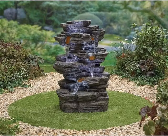 Primrose Hinoki Springs 5-Tier Cascading Water Feature with Lights in Brown, W/D/H: 100 x 100 x 66 cm