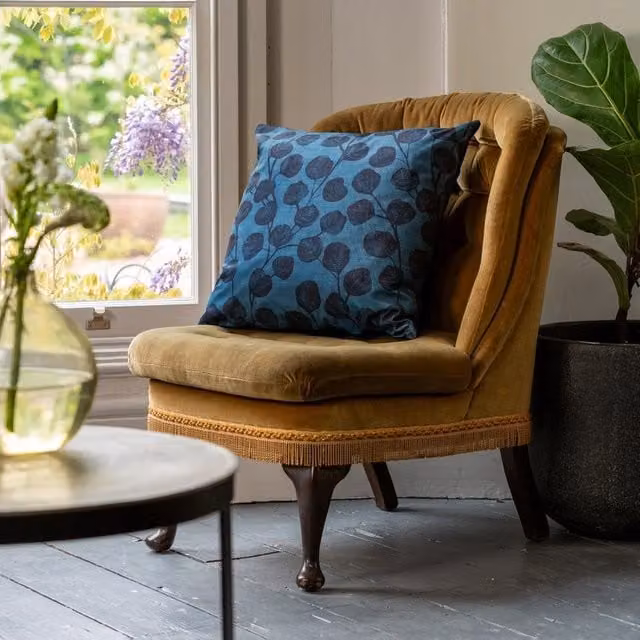 Linda Barker Ursulas Vine Piped Filled Square Velvet Cushion in Blue, W x D: 50 x 50 cm