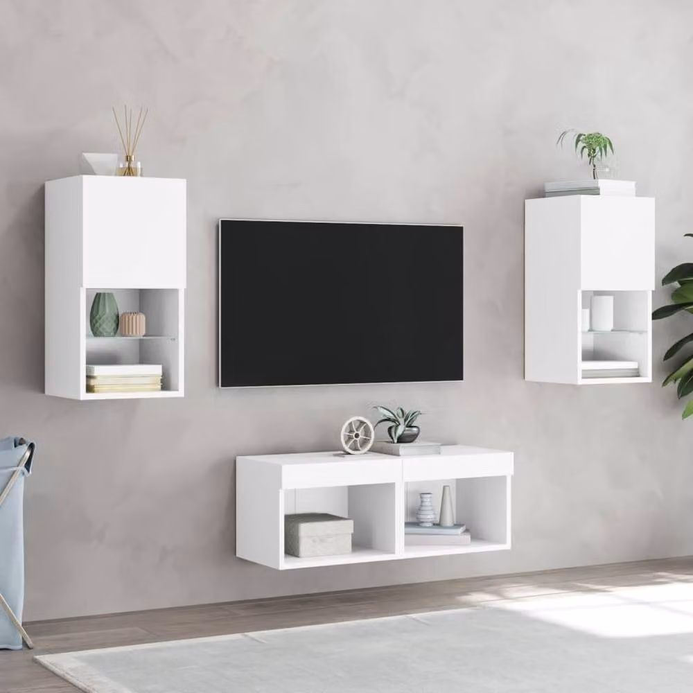 Berkfield Home 4 Piece Modern White Wall Mounted TV Cabinets with Integrated LED Lighting – 3