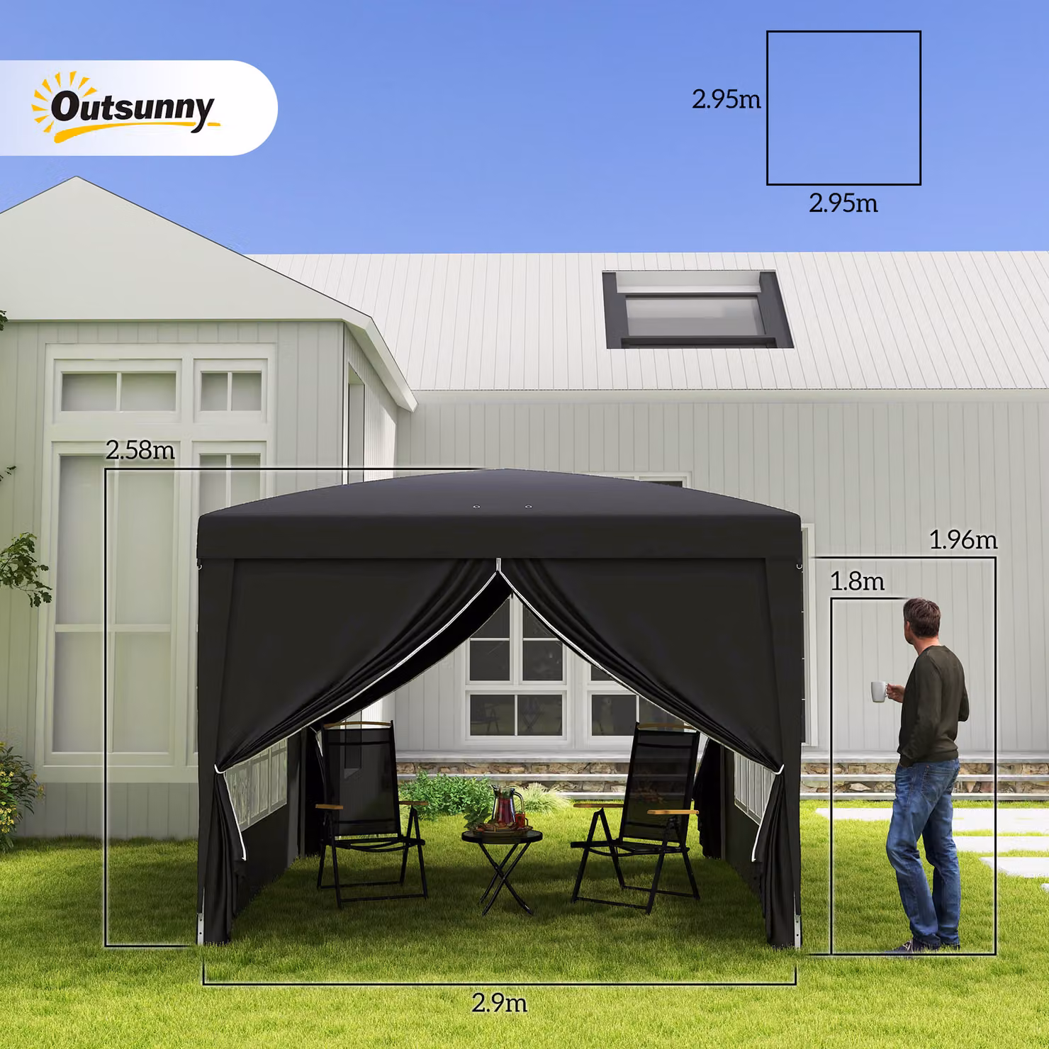 Outsunny Black Pop Up Gazebo with Steel Frame and Windows, W/D/H: 300 x 300 x 258 cm – 3