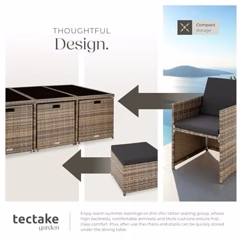 tectake Polyrattan Garden Furniture Set in Natural with Aluminium Base, Including 6 Dining Chairs, 1 Table and 4 Stools for Up to 10 People – 4