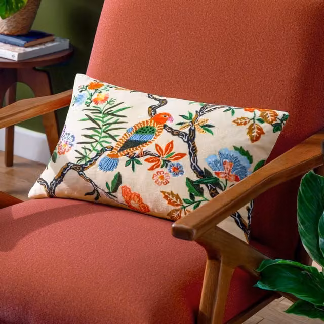 Wylder Tropics Sittacula Embroidered Multicolour Rectangular Cushion with Removable Cotton and Velvet Cover, W/D/H: 50 x 30 x 30 cm – 1