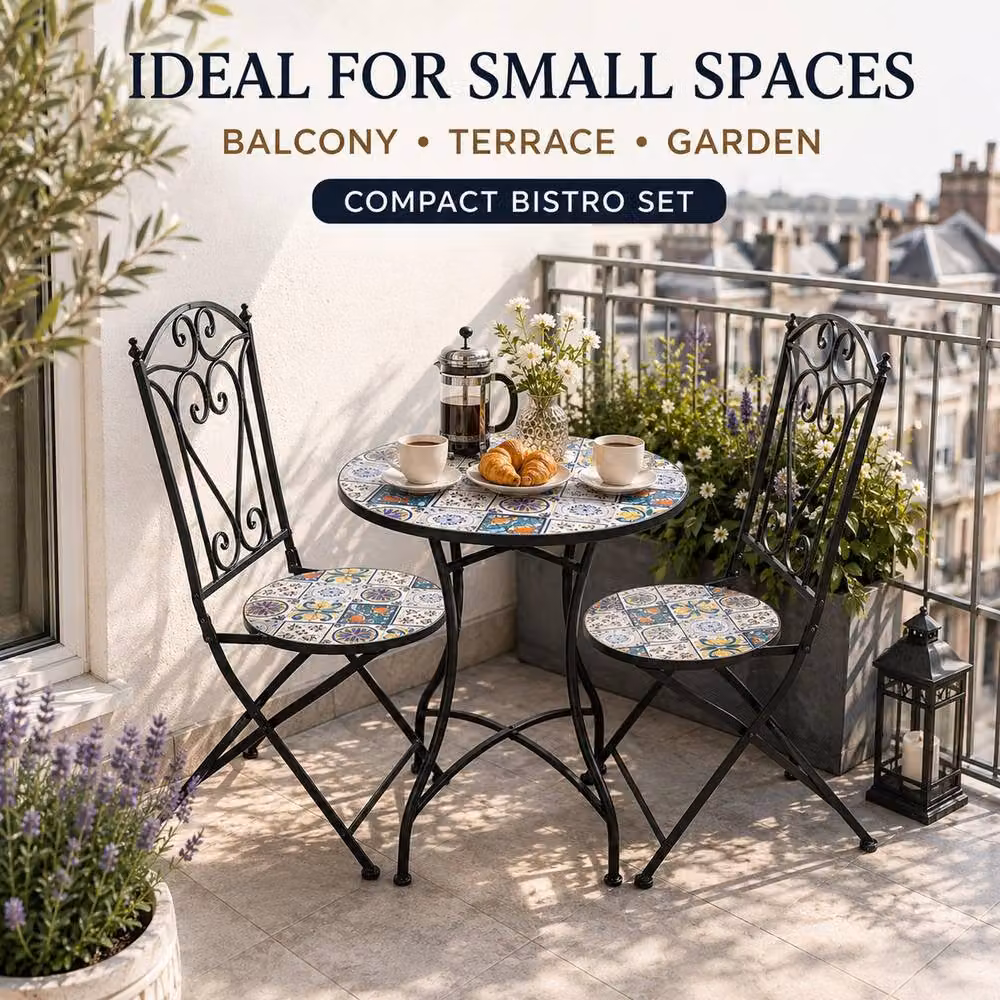 Shatchi Mediterranean Mosaic Bistro Set with Round Ceramic Table and 2 Folding Metal Chairs in Multicolour – 4