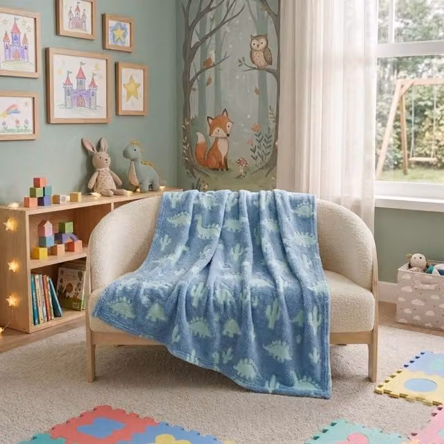 Snug City Glow in the Dark Dinosaur Soft Fleece Blanket for Children in Blue Multicolour – 1