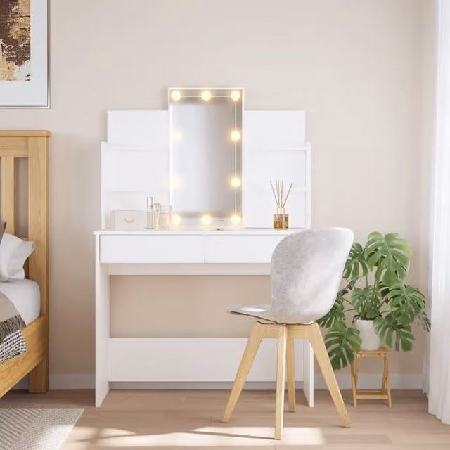 Berkfield Home Dressing Table with Hollywood LED Lights, White, W: 96 cm, D: 40 cm, H: 142 cm