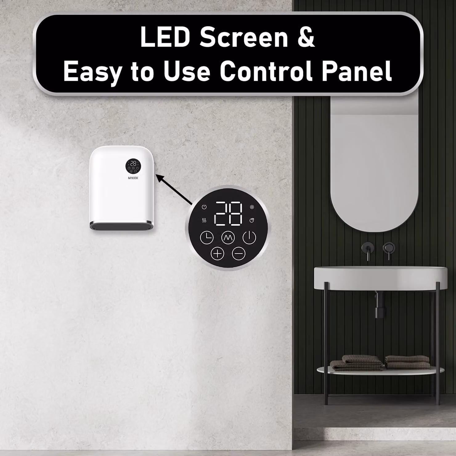 MYLEK 2kW Bathroom Electric Downflow Air Curtain Heater with Timer, White – 3