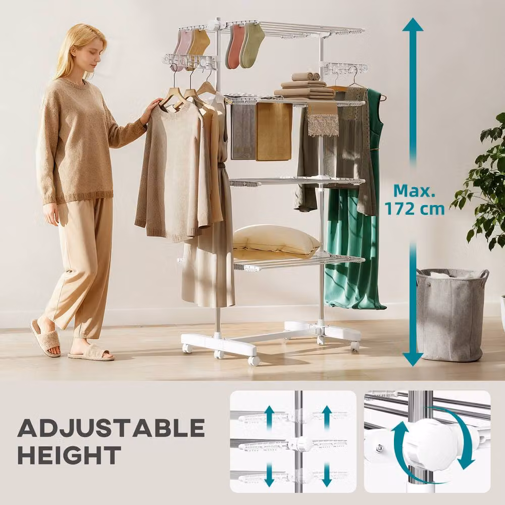 STILVORA Foldable Stainless Steel Clothes Airer with 4 Shelves and Wheels in White – 3