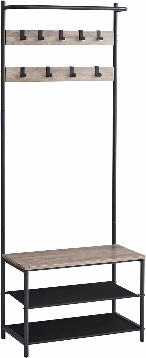 VASAGLE Industrial Hall Tree with Shoe Bench and Dual Hook and Rail Matrix in Light Beige – 4