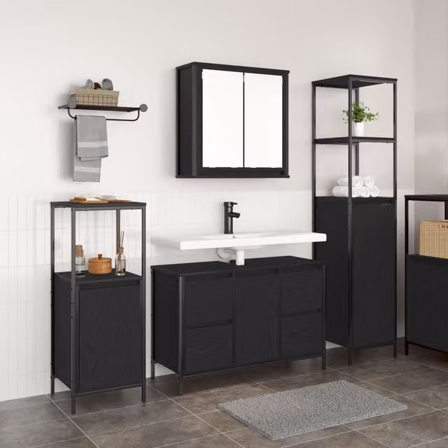 Berkfield Home 3 Piece Modern Black Oak Bathroom Furniture Set with Vanity Unit – 1