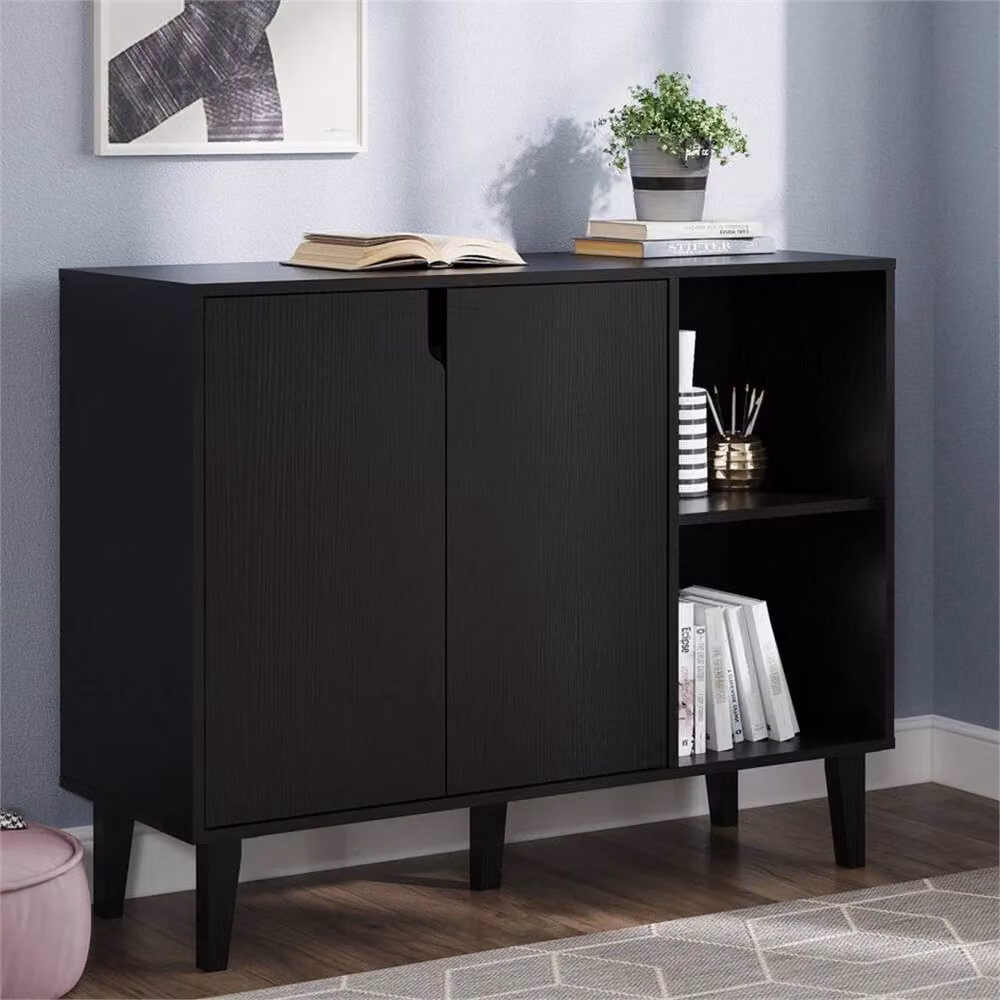 Hinsinc Modern Black Wood 2 Door Display Cabinet and Sideboard Storage Unit – 3