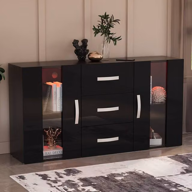 HD Designs Astro Modern Glossy Black Sideboard Cabinet with 2 Doors, 3 Drawers and Integrated LED Lighting – 1