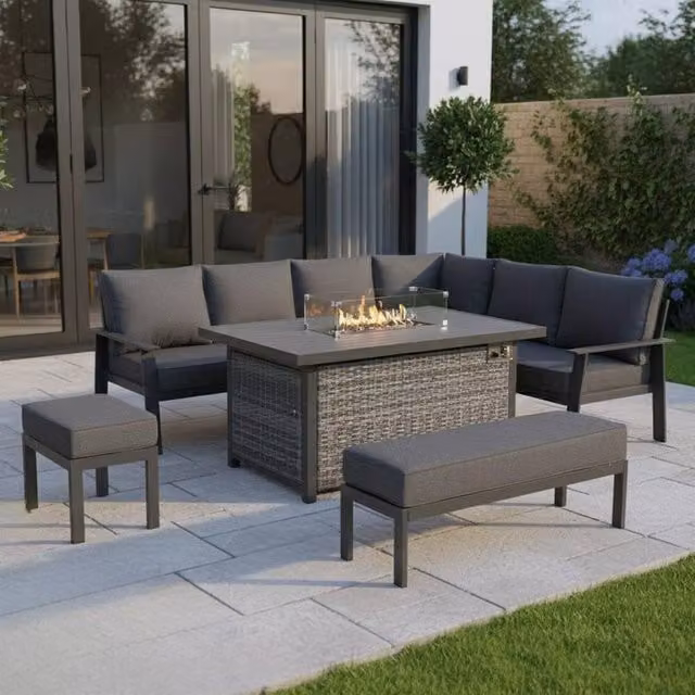 Furnishings For Less UK Aluminium Garden Corner Sofa Set with Fire Pit Table in Grey – 1
